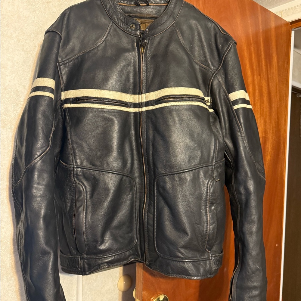 Men's Black Leather Jacket with Cream Stripes